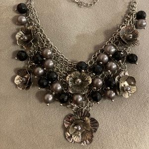 4/$10 Floral Silver & Black bead Bib Necklace